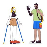 amigos con discapacidades 2d lineal dibujos animados caracteres. europeo mujer muletas y negro hombre con brazo prótesis aislado línea personas blanco antecedentes. diversidad color plano Mancha ilustración vector