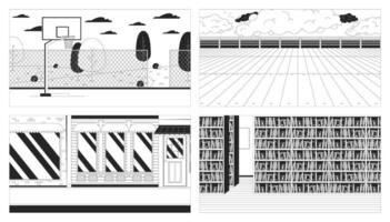 Empty public places black and white line illustration set. No people spaces 2D cityscape, landscape, interior monochrome background. Leisure and hobby scenes storytelling image collection vector