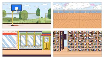 Empty public places cartoon flat illustration set. No people spaces 2D line cityscape, landscape and interior colorful backgrounds. Leisure and hobby scenes storytelling image collection vector