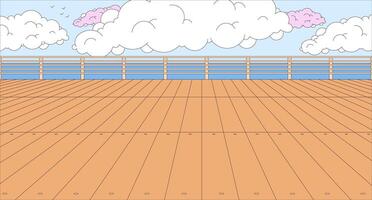 Empty wooden pier cartoon flat illustration. Place to rest. City embankment with spacious ground 2D line landscape colorful background. Waterfront on sea coast scene storytelling image vector