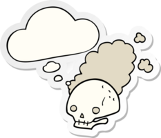 cartoon dusty old skull with thought bubble as a printed sticker png