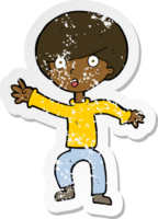 retro distressed sticker of a cartoon panicking boy png