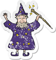 retro distressed sticker of a cartoon wizard png