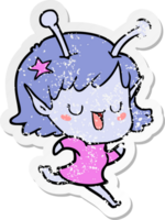 distressed sticker of a happy alien girl cartoon png