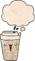 cartoon coffee cup with thought bubble in grunge texture style png