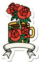 tatuering stil klistermärke med baner av en kopp och blommor png