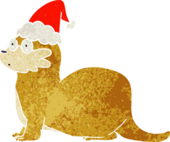 main tiré rétro dessin animé de une loutre portant Père Noël chapeau png