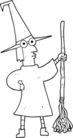 hand drawn black and white cartoon witch with broom png