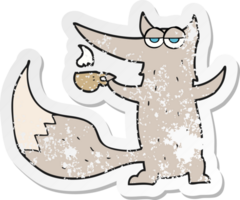 retro distressed sticker of a cartoon wolf with coffee cup png