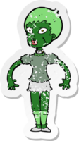 retro distressed sticker of a cartoon zombie monster woman png