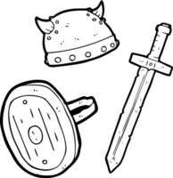 hand drawn black and white cartoon medieval warrior objects png