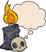 cartoon skull and candle with thought bubble in grunge texture style png