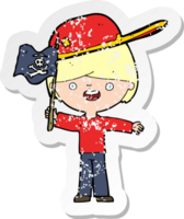 retro distressed sticker of a cartoon boy waving pirate flag png