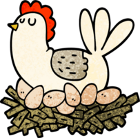 grunge getextureerde illustratie tekenfilm kip Aan nest van eieren png