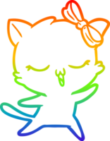 rainbow gradient line drawing of a cartoon dancing cat with bow on head png