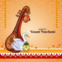 contento vasant panchami indio festival saludo tarjeta con veena diseño vector