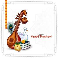 contento vasant panchami indio festival saludo tarjeta con veena diseño vector