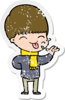 distressed sticker of a cartoon boy sticking out tongue png