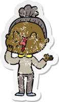 distressed sticker of a cartoon happy old woman png