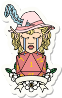 sticker of a crying elf bard character with natural one D20 roll png