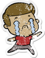 distressed sticker of a cartoon man crying png