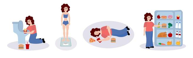 Eating disorder. Sad woman worries about being overweight. Overeating, bulimia, anorexia. Food addiction concept. Rejection of yourself. Set of cartoon flat illustrations. vector