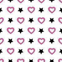 Y2k seamless pattern with abstract pink hearts and black stars. Emo 2000s style. flat background. vector