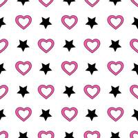 Y2k seamless pattern with abstract pink hearts and black stars. Emo 2000s style. flat background. vector