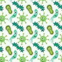 Seamless Pattern with Cute cartoon characters virus, bacteria, microbe. Microbiology organisms funny face wallpaper. Mascot expressing emotion background. children illustration in flat design. vector