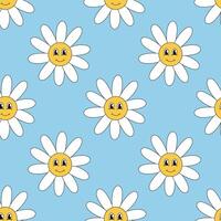 Retro 70s 60s 80s Hippie Groovy cute Daisy Flowers Seamless Pattern. Smiling face. Chamomile Flower power element. flat illustration on blue background. vector