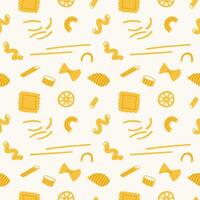 Noodles of different kind Pasta in seamless pattern hand drawn cartoon illustration. Repeating background with wheat flour products in cartoon style. Macaroni, lasagne, rigatoni. Italian food vector