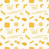 Noodles of different kind Pasta in seamless pattern hand drawn cartoon illustration. Repeating background with wheat flour products in cartoon style. Macaroni, lasagne, rigatoni. Italian food vector