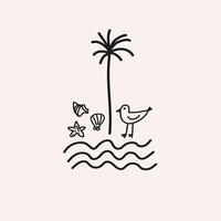 Palm trees, seagull, shells card boho design. Linear sketch in minimal style marine motif. Template for logo, templates in trendy Bohemian minimalist style. Abstract sign, design card vector