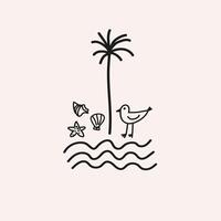 palma árboles, Gaviota, conchas tarjeta boho diseño. lineal bosquejo en mínimo estilo marina motivo. modelo para logo, plantillas en de moda bohemio minimalista estilo. resumen firmar, diseño tarjeta vector