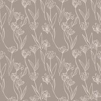 Flowers of tulips in seamless pattern hand drawn illustration. Repeating grey background with bouquets, branches, leaves, plants, floret motive. Design for textile, print, wrapping, paper, card vector
