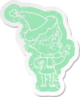 quirky cartoon distressed sticker of a woman thinking wearing santa hat png