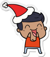 hand drawn sticker cartoon of a man laughing wearing santa hat png