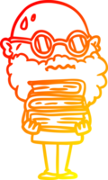 warm gradient line drawing of a cartoon worried man with beard and stack of books png