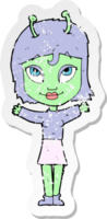 adesivo retrô angustiado de uma garota alienígena de desenho animado png