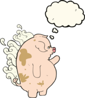 dessin animé gros cochon malodorant avec bulle de pensée png