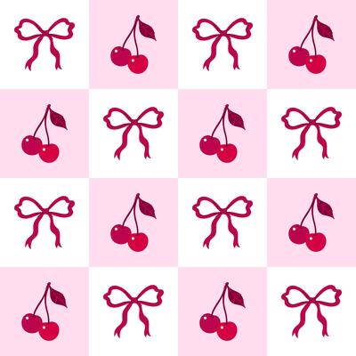 Seamless checkered pattern with cherries and bows. graphics.