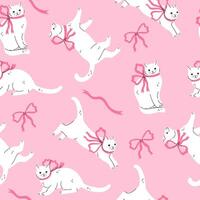 Seamless pattern with cute white cats with pink bows. graphics. vector