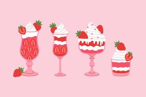A set of strawberry parfaits in various glasses. graphics. vector
