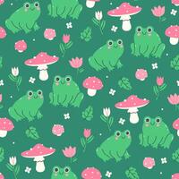 Seamless pattern with cute frogs, flowers, fly agarics. graphics. vector