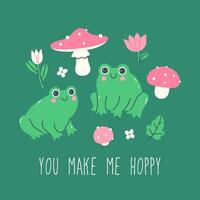 Postcard or poster with cute frogs and fly agarics and the inscription You Make Me Hoppy. graphics. vector