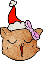 main tiré texturé dessin animé de une chat visage portant Père Noël chapeau png