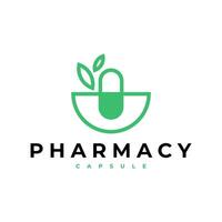 PHARMACY CAPSULE HERBAL LEAF MEDICINE LINE OUTLINE LOGO ICON ILLUSTRATION vector