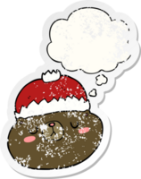 cartoon christmas bear with thought bubble as a distressed worn sticker png