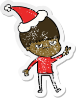 annoyed hand drawn distressed sticker cartoon of a boy wearing santa hat png