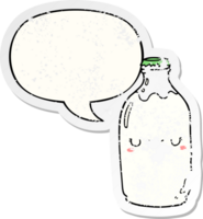 cute cartoon milk bottle with speech bubble distressed distressed old sticker png